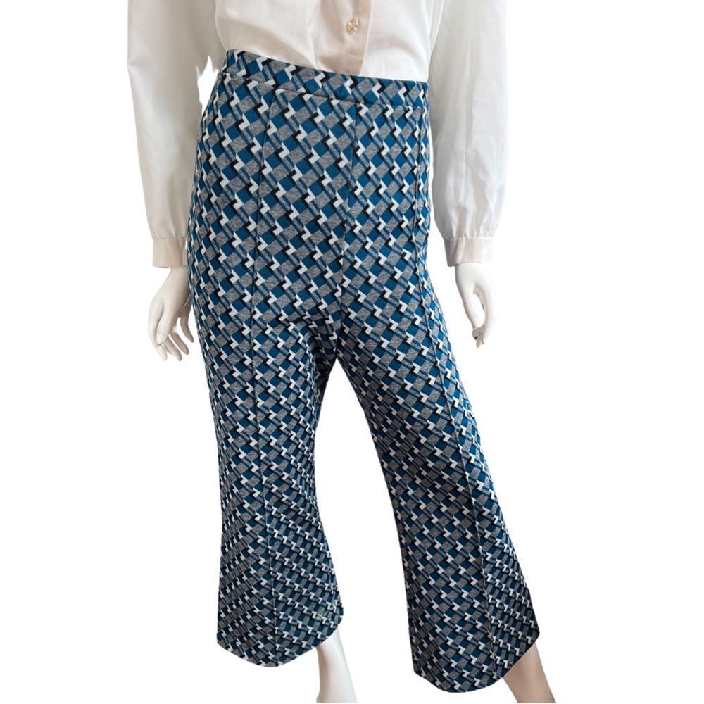 Groovy 60s / 70s Mod Teal Geometric Cropped Ankle Flared Pull on Pants - Picture 8 of 8